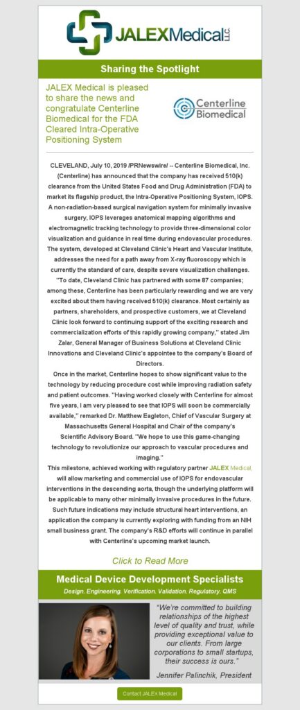 JALEX Medical congratulates Centerline Biomedical on FDA 510(k) clearance for intra-operative positioning system, medical device development specialists