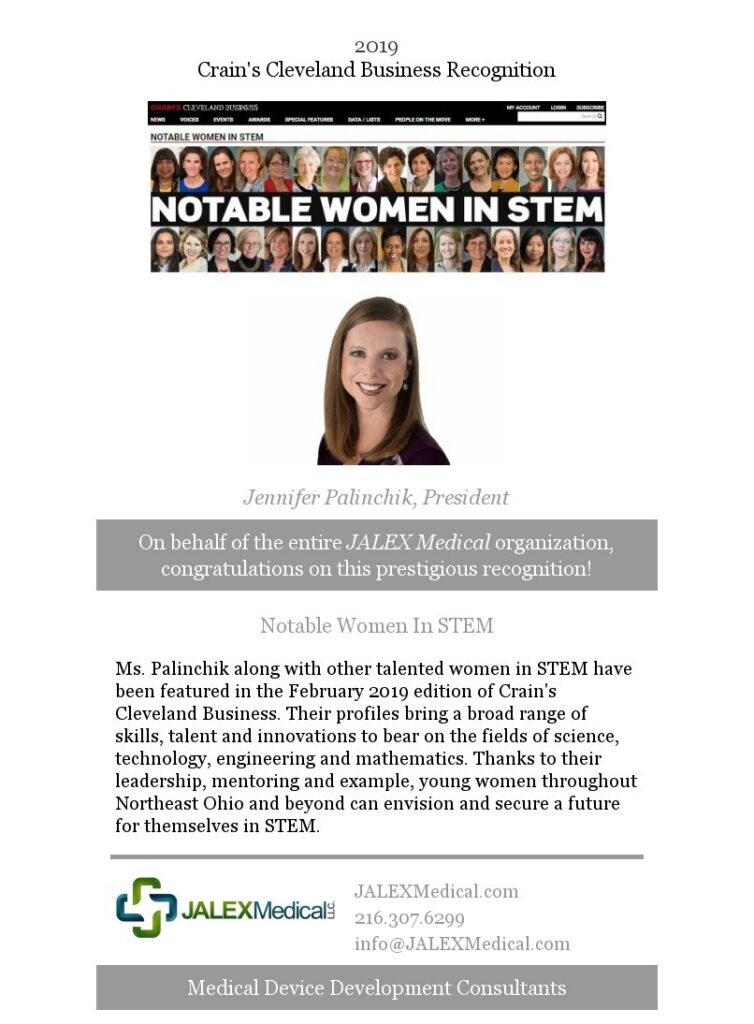 JALEX Medical President Jennifer Palinchik recognized in Crain’s Cleveland Business Notable Women in STEM 2019