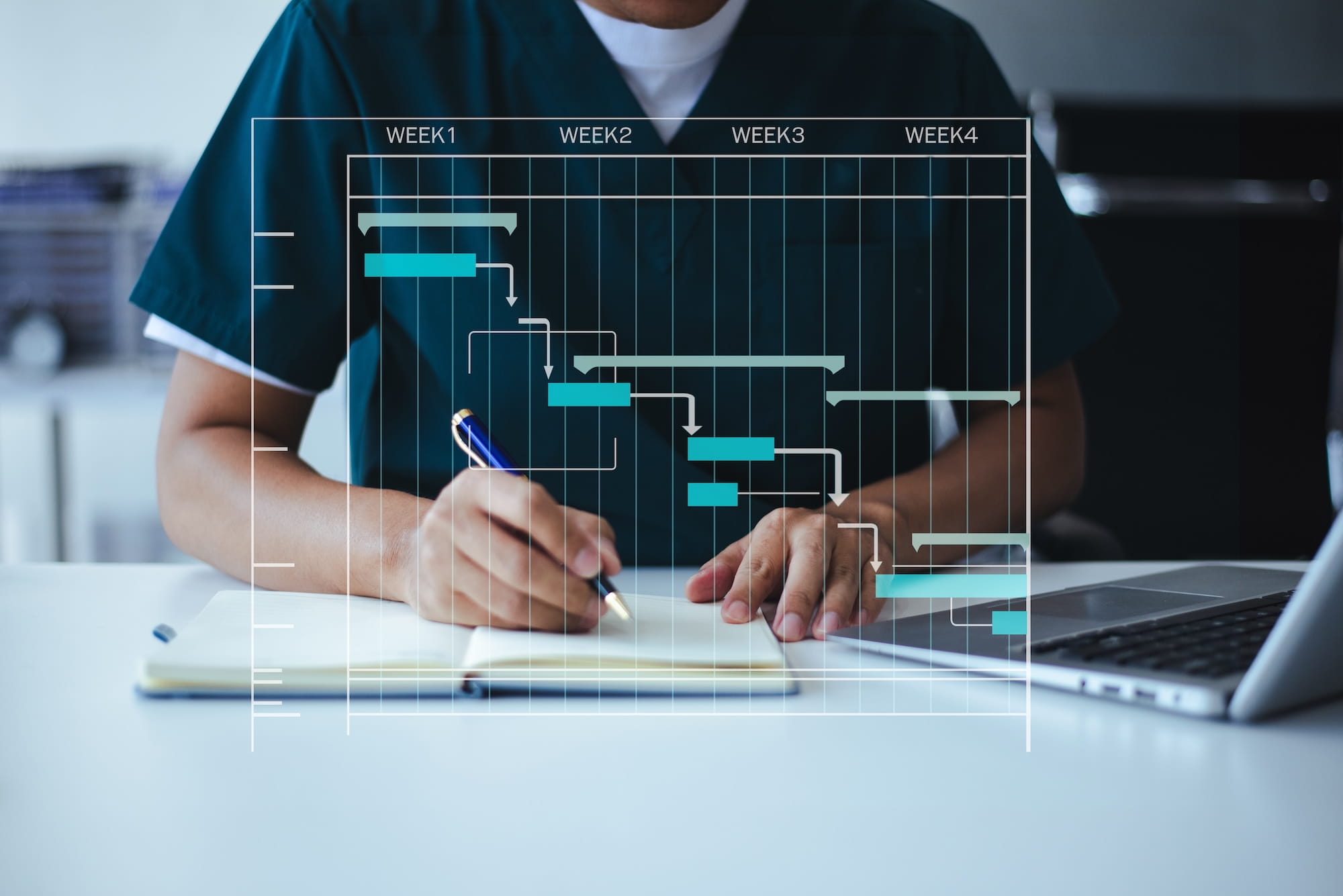 Healthcare professional reviewing project timeline and writing notes at desk