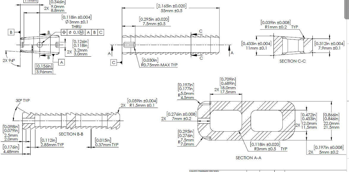 Technical engineering drawing with detailed dimensions and cross-sectional views of mechanical component