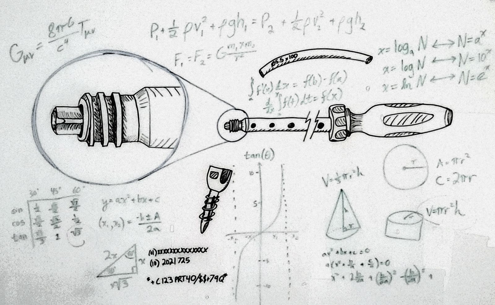 Engineering sketch of mechanical tool components with mathematical formulas and technical drawings